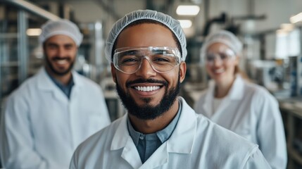 Diverse Laboratory Team Smiling with Confidence in Protective Gear at a Modern Research Facility