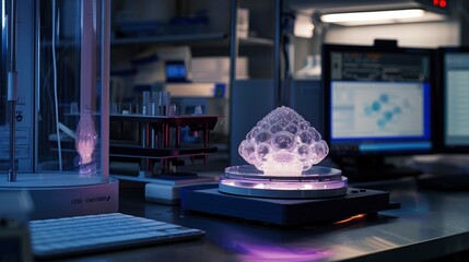 Laboratory scene featuring a glowing crystal structure on a rotating platform, with scientific equipment and monitors in the background