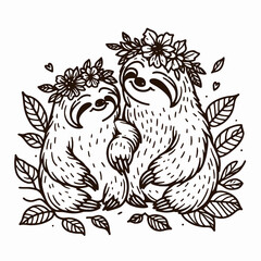 Obraz premium Two adorable sloths adorned with floral crowns snuggle amidst leaves, radiating warmth and affection in a charming, hand-drawn style.