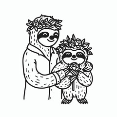 Obraz premium Two sloths, one adult and one baby, wearing floral crowns, embracing each other in a cute, loving pose.