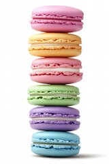 A tall stack of pastel-colored macarons on a white background, showcasing elegance, texture, and sweet indulgence