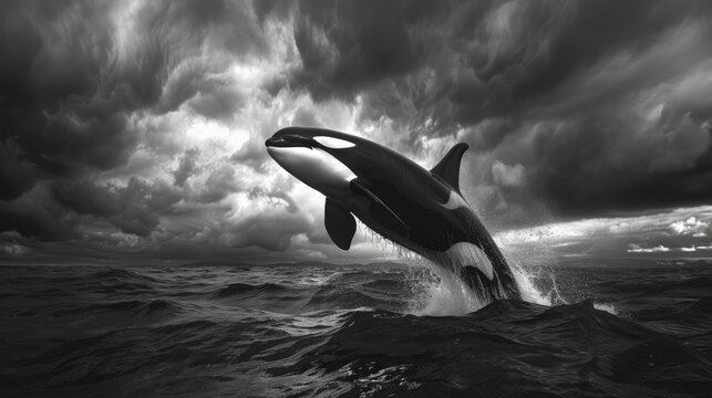 Majestic orca breaching the ocean's surface against a dramatic stormy sky, showcasing nature's power - Powered by Adobe