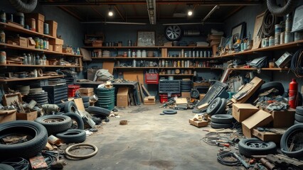 Cluttered Garage Interior: A Chaos of Automotive Parts and Tools
