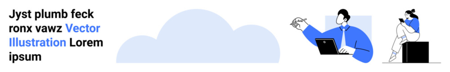 Professionals using laptops, surrounded by a large cloud, representing cloud computing and communication. Ideal for tech industry, remote work, virtual collaboration, online meetings, data storage