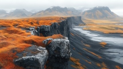 Obraz premium Dramatic autumnal cliff overlooking a vast, dark valley and snow-capped mountains under a misty sky.