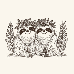 Naklejka premium Two adorable sloths wrapped in blankets, adorned with floral crowns, exuding a playful and cozy vibe.