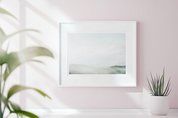 White frame on a pastel wall in a softly illuminated setting.