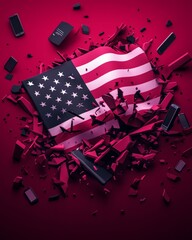 A fragmented American flag surrounded by shattered pieces, symbolizing political turmoil, division, or societal challenges