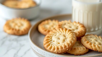 Glass of milk and cookies on white marble table