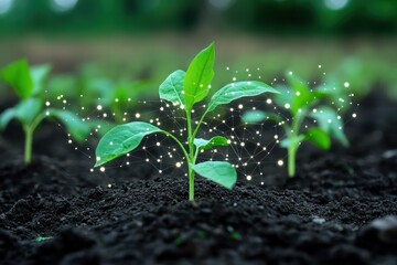 Smart farming sensors embedded in soil with data streaming to a digital dashboard.