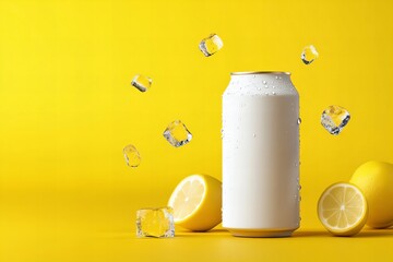 A sleek white beverage can covered in condensation, surrounded by floating ice cubes and fresh lemons against a bright yellow background, evoking a sense of refreshment, citrus flavor