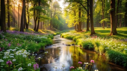 Obraz premium Soothing forest landscape with a gentle stream and blooming wildflowers, evoking feelings of calmness and serenity , tranquility , calming scenery