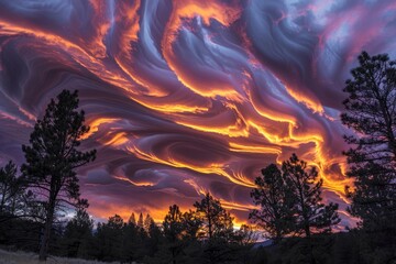 Dramatic sunset sky with swirling clouds over a forest landscape, capturing nature's beauty and serenity