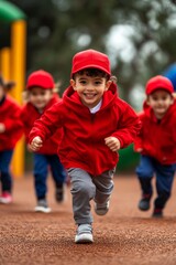 Group of happy children in red uniforms running towards the camera on a playground, with a boy in the lead smiling joyfully