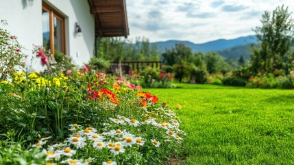 Obraz premium Serene Mountain View Garden: A Summer's Day Blooms