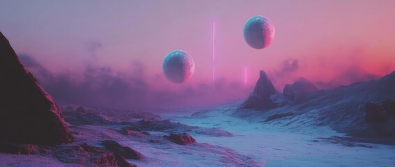 Alien landscape on a distant planet with three moons illuminating snowy terrain under a cold blue sky