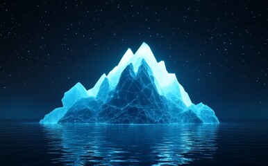 Glowing low-poly ice mountain floating in an ocean under a starry night sky