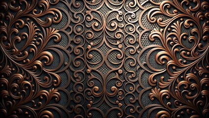 Dark metallic background with intricate patterns and swirling shapes, evoking a sense of industrial sophistication and modernity, modern, futuristic