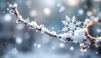 A hyper-realistic close-up shot of delicate snowflakes landing on a branch. The branch is bare, with snowflakes collecting on it, each one detailed and distinct. The background is softly blurred, with