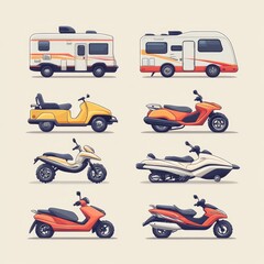 Fototapeta premium Collection of Colorful Motorized Vehicles Scooters ATVs and Campervans