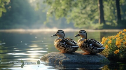 Obraz premium Two ducks perched on a rock by a calm lake at sunrise.