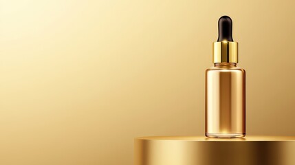 Elegant Glass Dropper Bottle with Golden Cap Displayed on a Sleek Circular Stand Against a Soft Gold Background for Cosmetic or Skincare Product Promotion