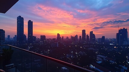 Stunning Cityscape Sunset Panorama from a Balcony High Above the City