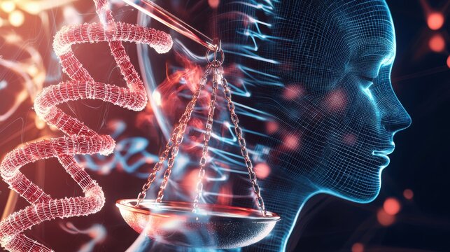 A digital representation of a human head with DNA strands and a balance scale, symbolizing the intersection of genetics and justice.