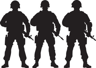 soldier military standing pose helmet, rifle  silhouette vector white background