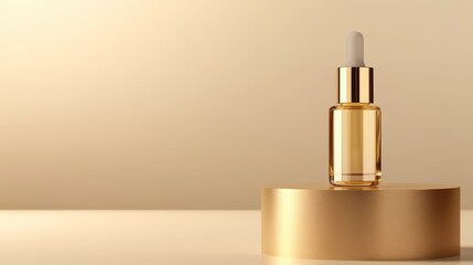 Elegant Glass Dropper Bottle with Smooth Gold Finish on a Minimalist Pedestal Against a Soft Beige Background Ideal for Beauty and Skincare Product Showcases