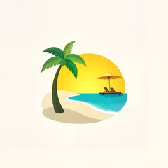 Tropical beach scene with palm tree and sun loungers