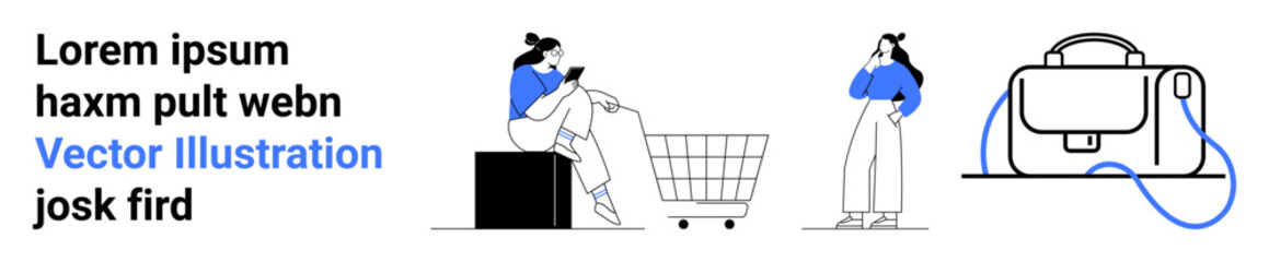 Young women engaging in shopping activities with a cart and a handbag. Ideal for e-commerce, retail, fashion, lifestyle blogs, marketing, digital advertising, and mobile apps. Landing page