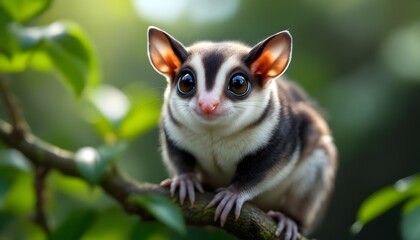 &ldquo;An ultra-realistic close-up of a sugar glider perched on a small branch in a lush, green forest. The sugar glider&rsquo;s big, dark eyes are sparkling with curiosity, and its soft, fine fur is richly textu
