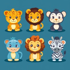 Fototapeta premium Adorable Cartoon Safari Animals Lion Zebra Monkey Jaguar Cute Baby Wildlife Illustration Set