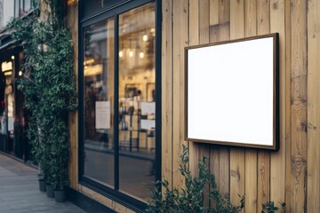 Blank Outdoor Signage on Wooden Wall in Urban Setting with Plants