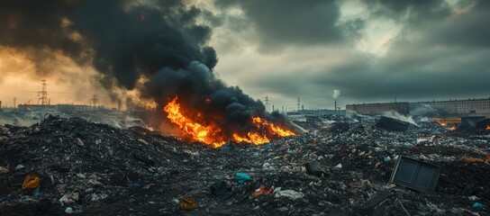 Fire engulfs garbage dump in industrial park under dark clouds