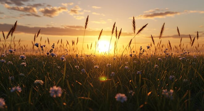 A hyper-realistic shot of a meadow at sunrise, with a soft breeze gently moving the tall grasses and wildflowers. The sun is just beginning to rise over the horizon, casting a soft golden light that b