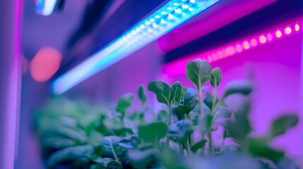 greenhouse with rows of hydroponic plants growing under artificial lights 