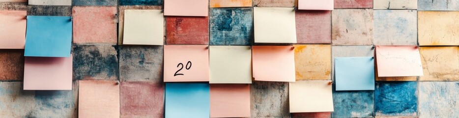 Fototapeta premium Colorful collection of sticky notes displaying the number twenty in a vibrant office setting creates an inviting atmosphere for creativity
