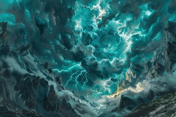 Dramatic storm clouds swirl above jagged mountains, illuminating the landscape with flashes of lightning