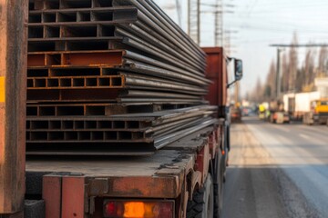 Large truck transports steel beams and metal roofing panels on a busy road near a construction site
