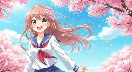 Cheerful girl with long hair with cherry blossoms and school uniform. Anime cartoon illustration