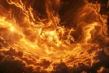 Dramatic sunset sky with swirling clouds in vibrant orange and yellow hues, evoking a sense of wonder