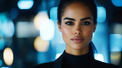 Obraz premium Close-up of a poised and professional young woman, exuding confidence, against a softly lit, out-of-focus modern cityscape background. The image conveys empowerment and sophistication.