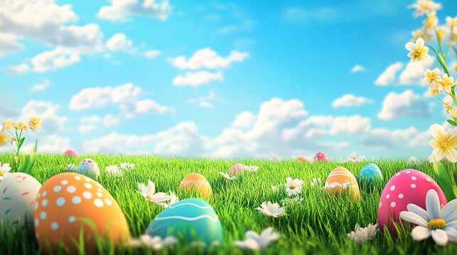 Colorful easter eggs hiding in green grass under blue sky - Powered by Adobe