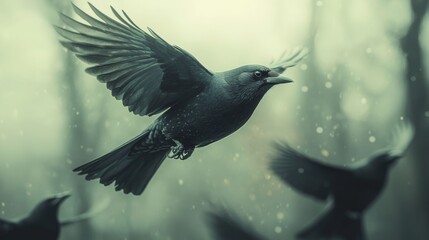 Dark bird in flight, misty forest background.