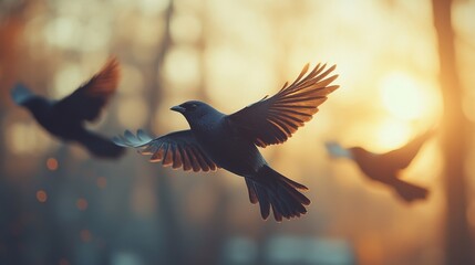Fototapeta premium Three birds in flight at sunset, wings spread wide, blurred background.