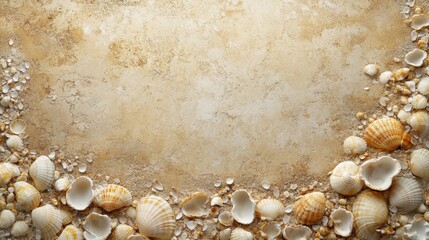Seashells border on a sandy textured background