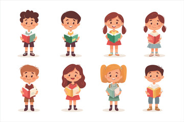 School kids. Cartoon children with books, happy cute boys and girls characters. Multiethnic cute kids waving with books.