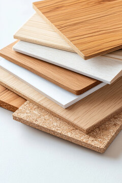 Stack of wooden and cork material samples in various colors and textures
